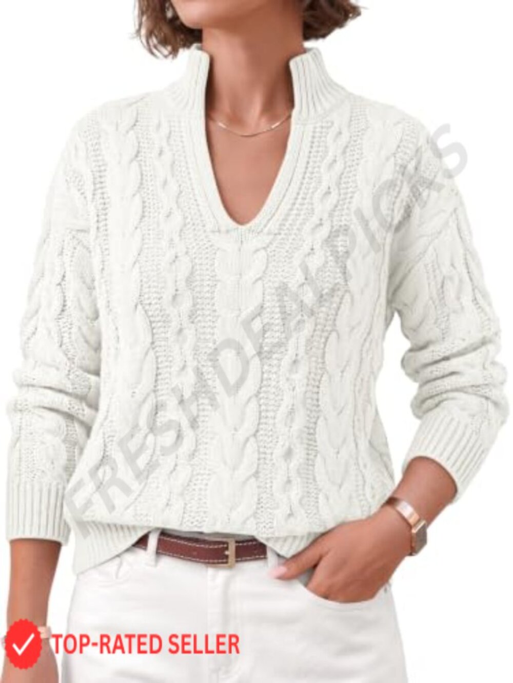 Split Mock Neck Cable Knit Pullover Sweater Ribbed Trim Fall Layering